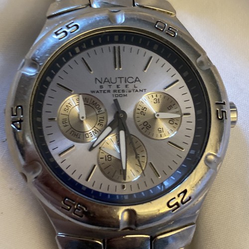 Nautica Men's Chronograph Watch With Stainless Steel Silver Band.