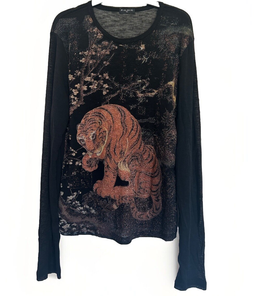 Vintage Y2K Sheer Tiger Print Long Sleeve Top Sparkle Graphic Print Grunge XL