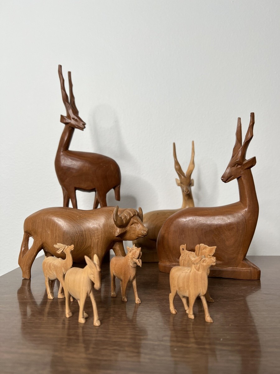 SET 9 Vintage Kenya Impala Antelope Gazelle Hand Carved Wood