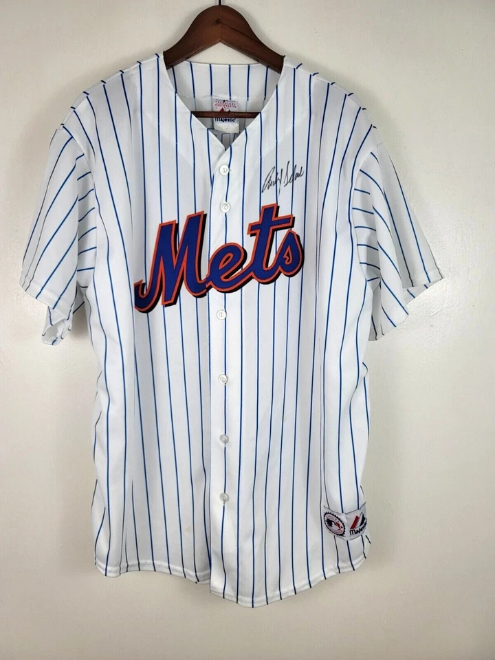 Camiseta deportiva Majestic NY Mets auténtica Johan SANTANA #57 blanca a rayas XL Jn2 Foto 2 de 4