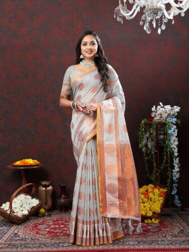 Designer grau schwer weben Zari Quaste Pallu Sari Baumwolle Seide Partykleidung Saree - Bild 1 von 5