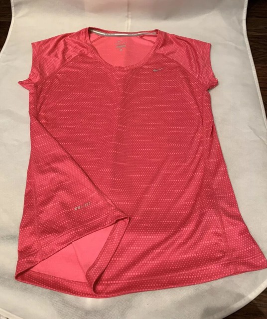 Womens Nike Dri-Fit Miller Running Short Sleeve Shirt Top Sz Large Pink Striped | eBay