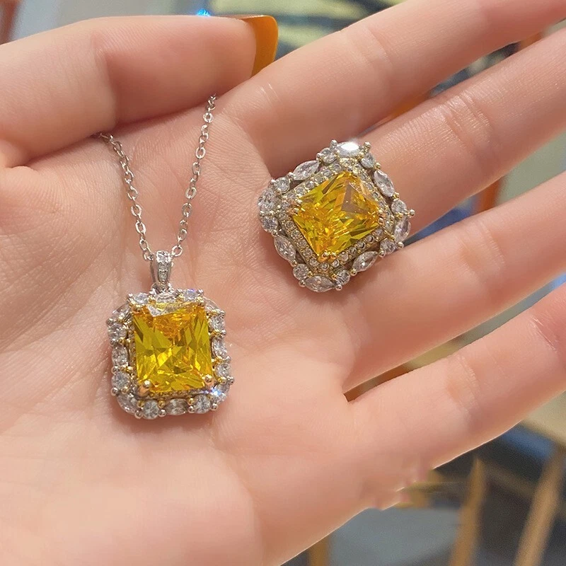 Lote de 2 piezas anillo colgante rectangular amarillo Brasil piedras preciosas citrino plata mujer Foto 4 de 4