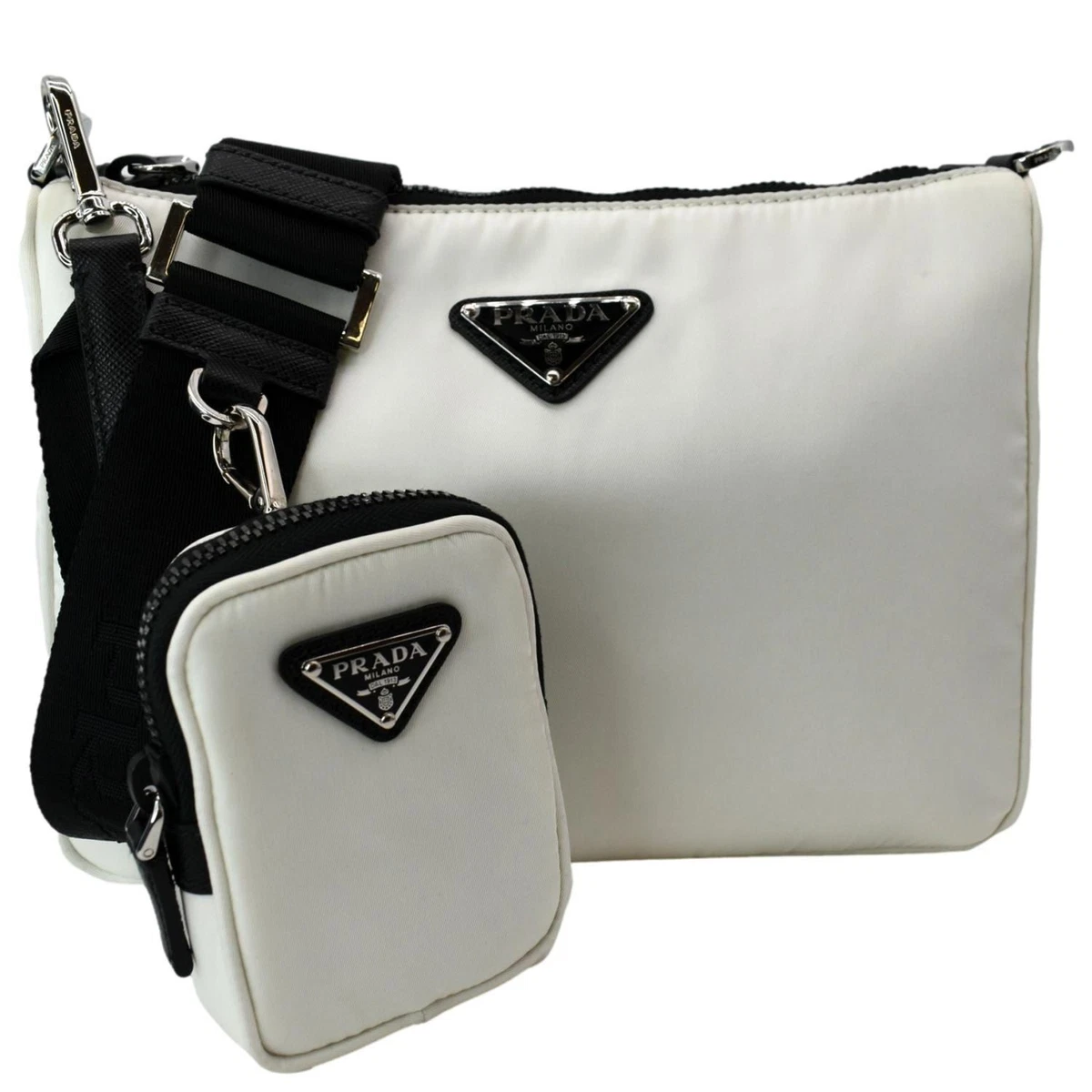 Prada Ladies Black Leather And Re-nylon Cross-body Bag