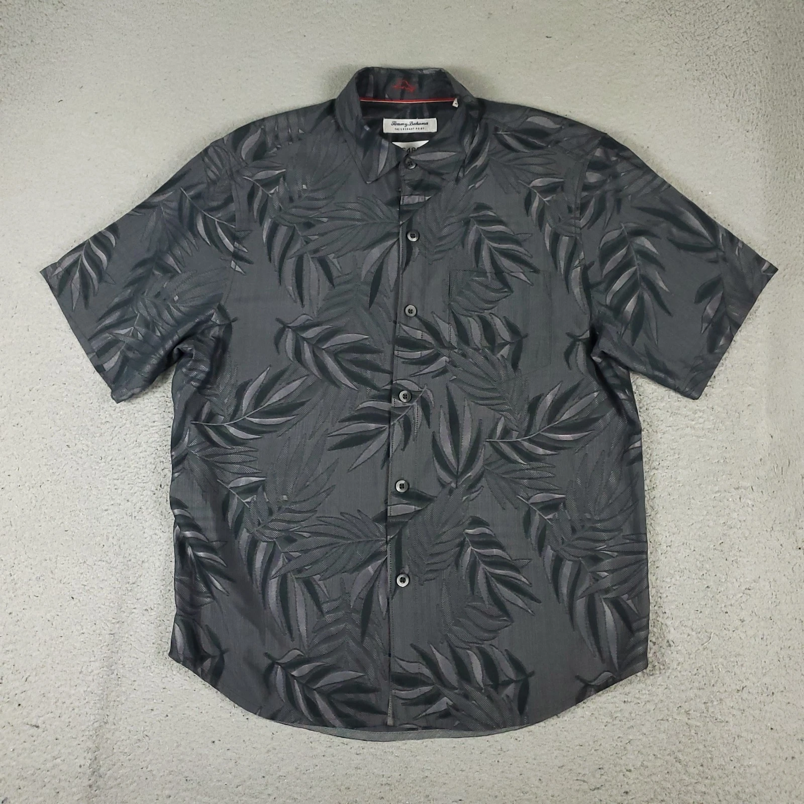 Tommy Bahama Shirt Mens Medium Gray Leaf Print Modal Hawaiian Button Up