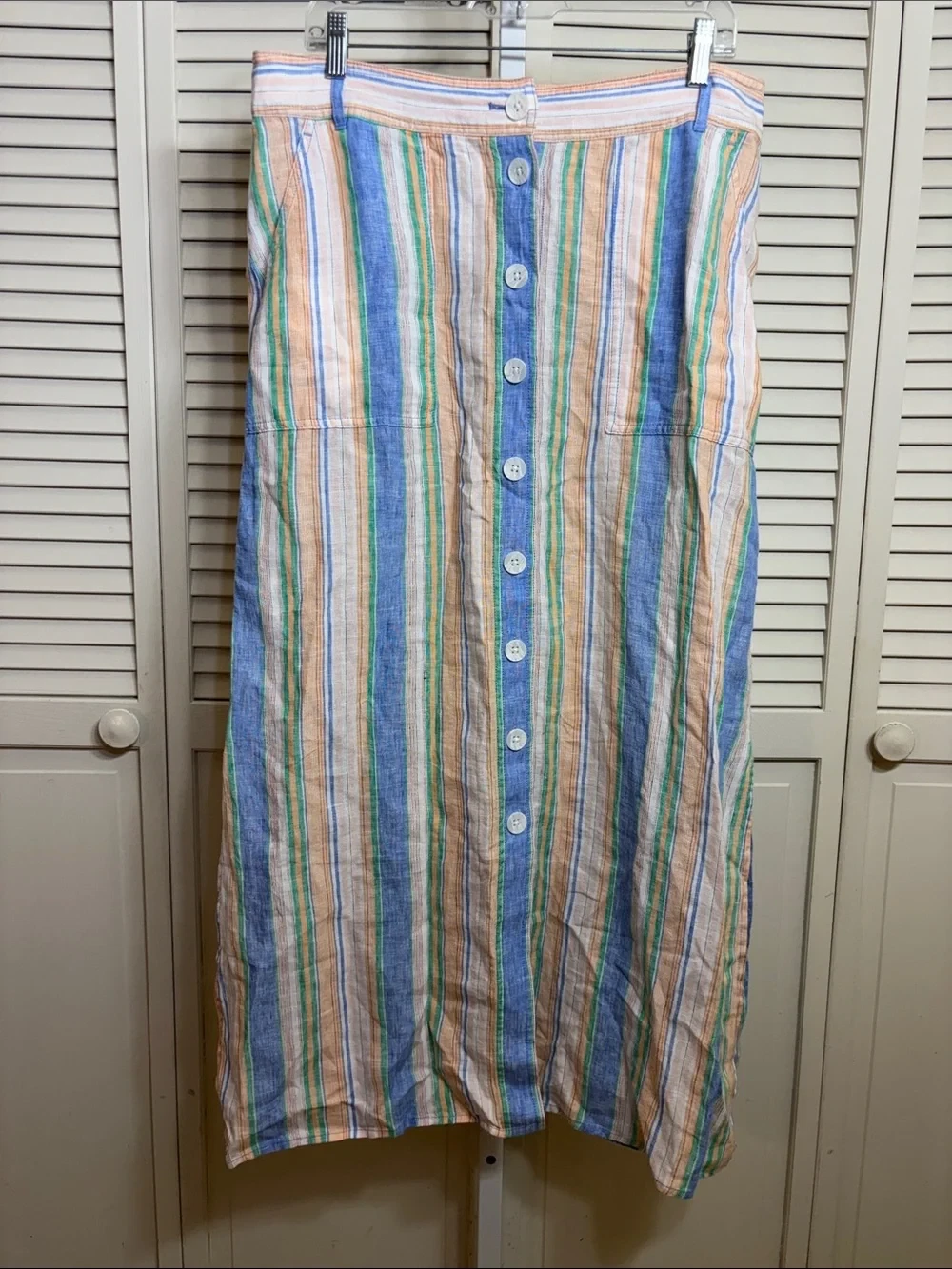 Talbots 100% Linen Midi Swing Stripes Button Front Side Slits Skirt Size 12