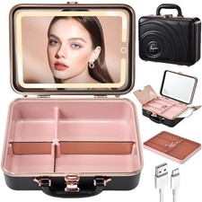 Travel Makeup Case with LED Lighted Mirror 12 Inch Portable Makeup Box Organi...