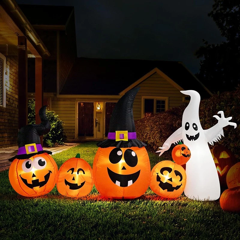 Halloween Inflatable Pumpkin Family & Ghost 8FT Long Outdoor Blow Up Yard Decor
