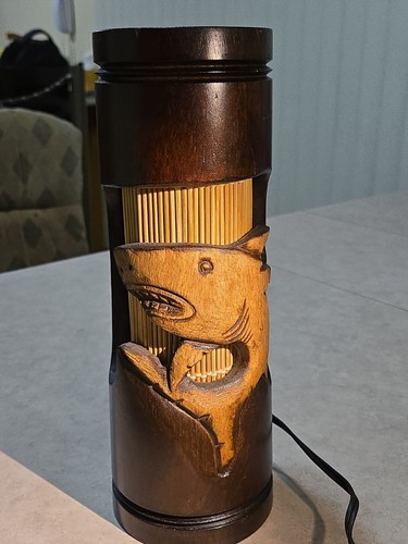 Vintage Hand Carved Hawaiian Bamboo Lamp. Tiki Bar Decor. 12 inches tall by 4 in
