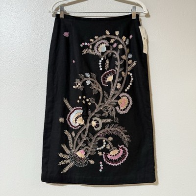 NWT Richard Malcolm Sz 8 Black Art-to-Wear Folk Floral Embroidered Linen Skirt