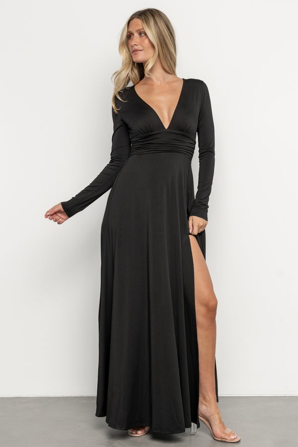Baltic Born Women 1XL Arianna Maxi Dress V Neck Black Side Slit Flowy Stretch