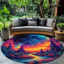 1pc Moon and Starry Sky Printed Round Mat - Elegant Polyester OutdoorIndoor Deco
