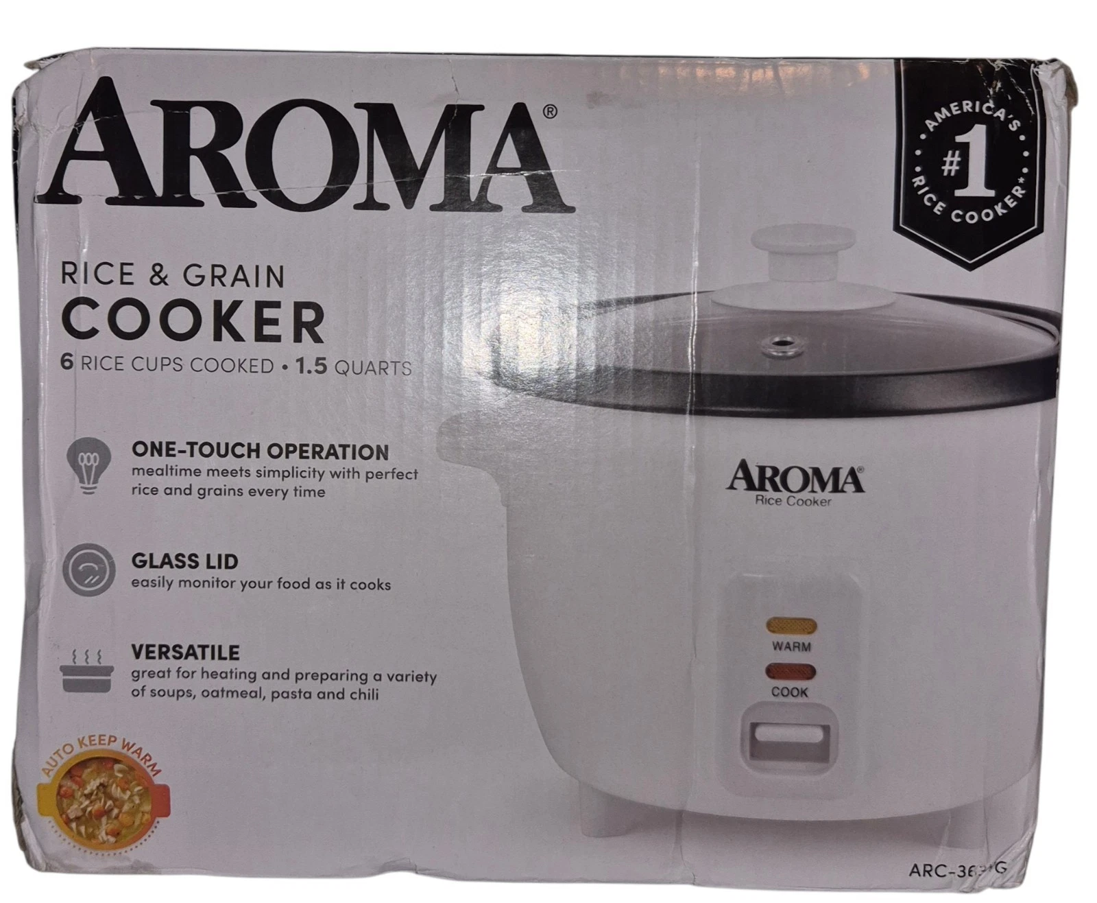 Aroma Housewares ARC-363NG 6-cup rice cooker in white with a nonstick inner pot.