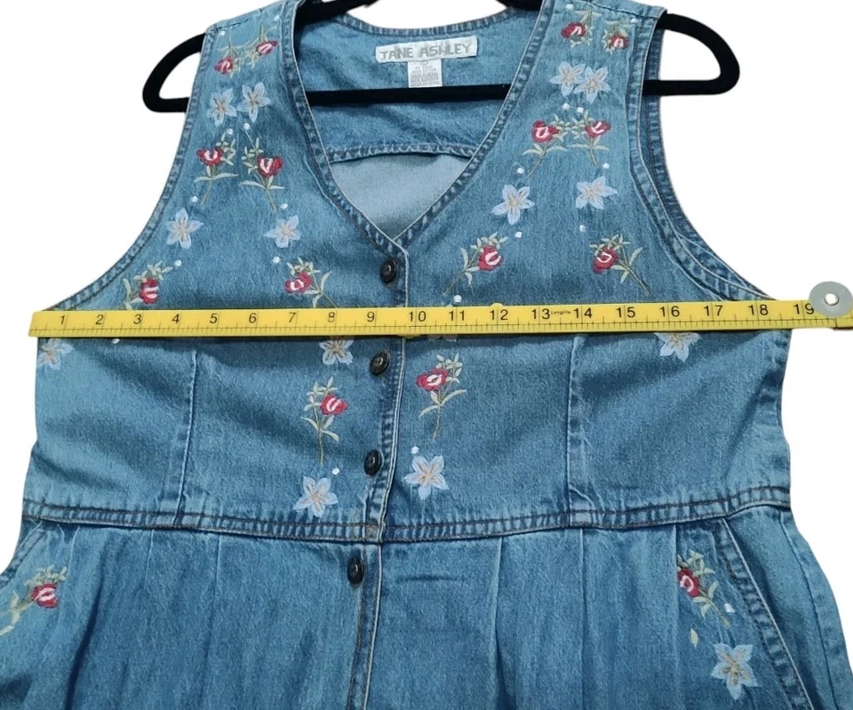 Vestido de mezclilla Jane Ashley vintage años 90 para mujer talla grande floral bordado con botones Foto 4 de 4