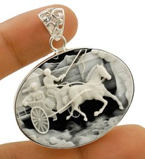 Italian Cameo Horse Chariot 925 Sterling Silver Pendant @20-2