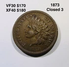 1873 Philadelphia Mint Indian Head Cent Closed 3 VF