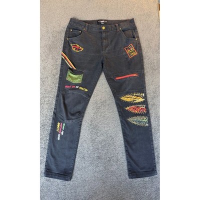 Black Leaf Mens Embroidered Patch Streetwear Jeans Black 36x32 Hunt Or Be Hunted
