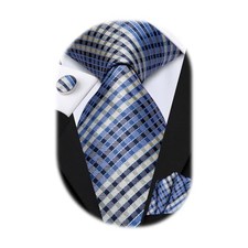 Mens Plaid Ties Classic Paisley Necktie with Handkerchief Cufflinks Blue Plaid