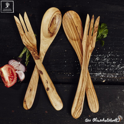 2x Salad cutlery with long tines made of olive wood 20cm (total 4 pieces)