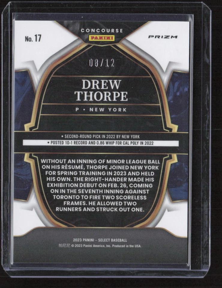 2023 Panini Select #17 Drew Thorpe Concourse Orange Pulsar /12 Yankees - Image 2 of 2