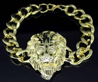 Mens Mighty Lion CZ Cuban Link Chunky Bracelet 14k Gold Plated Iced Hip Hop 