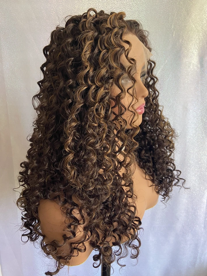 Pelucas delanteras de encaje completo mezcla cabello humano largas rizadas resaltar rubio calor OK 6/27 Foto 2 de 4