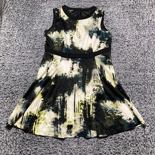 Nine West A-Line Dress Women's 16 Black Green Watercolor Polyester Round Neck