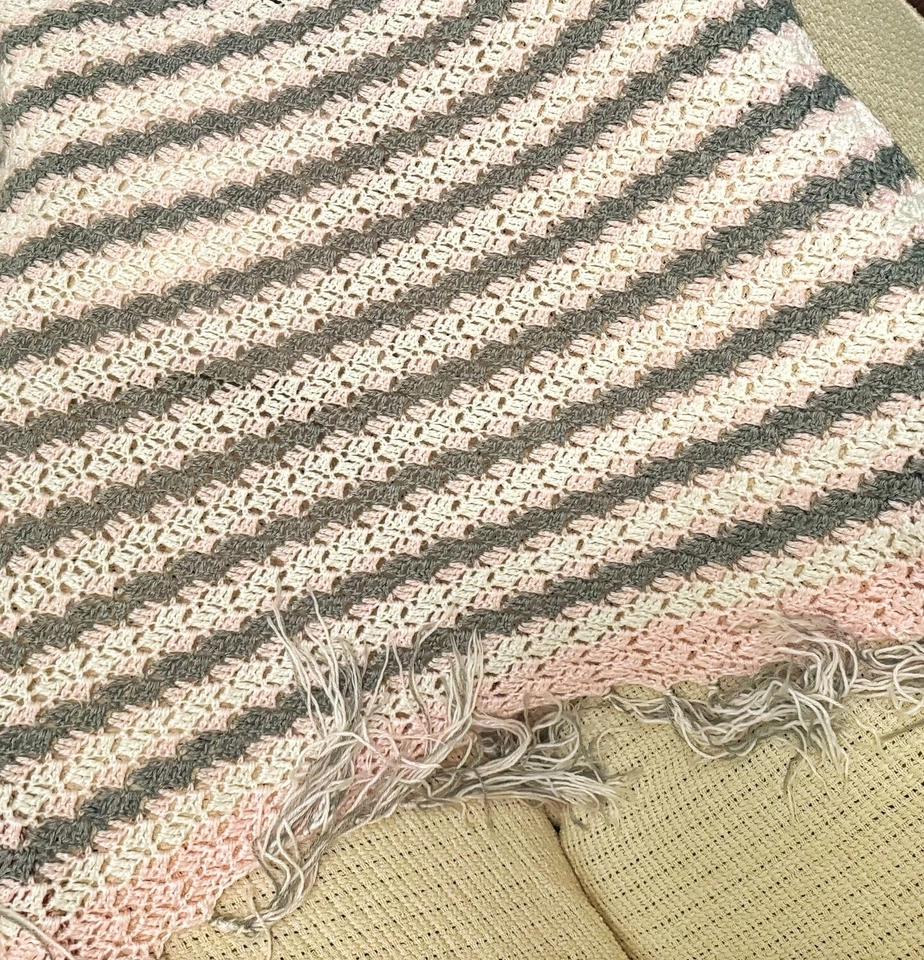 Handmade CROCHETED Baby Blanket Pink White Gray Striped Fringed Afghan Throw 49” - Image 4 of 4
