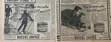 2 1938 newspaper ads for Boscul Coffee - Skiers & Tobogganers ready for Coffee
