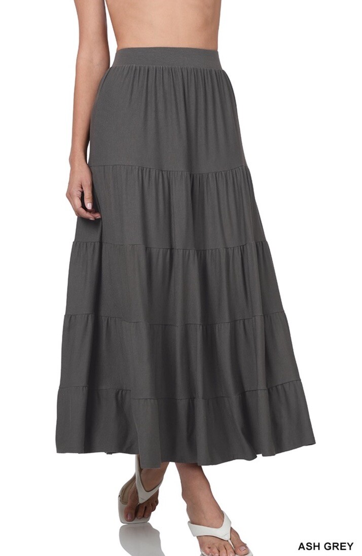 Zenana Ash Gray Tiered Boho Maxi Skirt with Stretch-image
