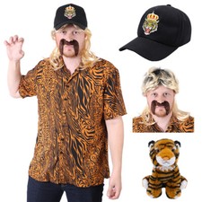 TIGER KING COSTUME EXOTIC SHIRT HAT WIG SOFT TOY JOE ADULTS NOVELTY FANCY DRESS