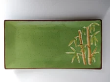 World Market Art Pottery Serving Plate 10.5"x5" Bamboo Theme Green Brown Accents
