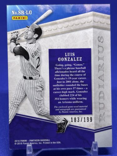 2016 Panini Pantheon Scripted Rudiarius Materials—Luis Gonzalez, D'backs /199 - Picture 2 of 2