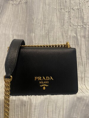 Prada Saffiano Crossbody Bag Gold Chain Logo | eBay