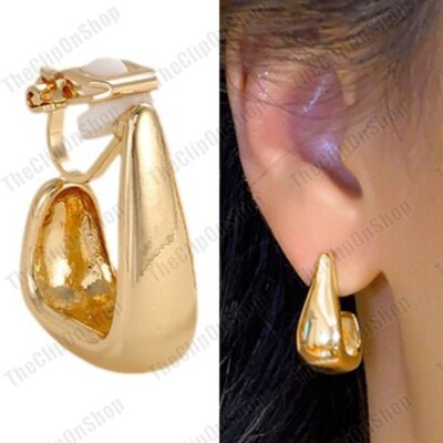 2cm CLIP ON HOOP EARRINGS square GOLD FASHION retro HOOPS rectangle triangle