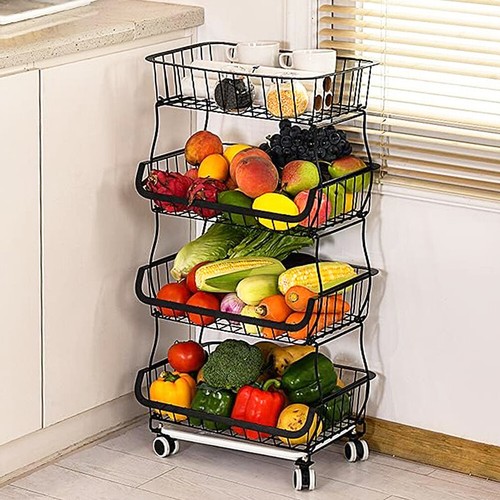 STORAGE STACKING WIRE BASKET STACKABLE SHELVES VEGETABLE FOOD KITCHEN RACK WHEEL - Picture 39 of 43