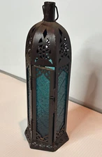 Blue Glass Moroccan Hanging Lantern Incense Stick Burner Diffuser Holder Metal