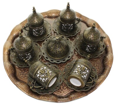 27 Ct Coffee Serving Cup Saucer Gift Set Old Brass Ottoman Turkish Greek Arabic