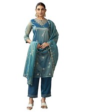 Women's Shimmer Net Sequence Embroidery Straight Kurta Pant with Dupatta Set