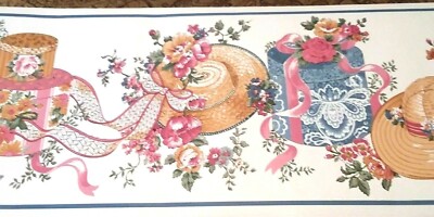 Wallpaper Border Hat Boxes Straw Hats Ribbon Flower BlueTrim Pink White eh99902