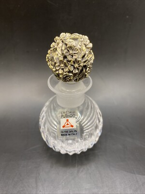 PUTHOD CRISTALLI Lead Crystal Perfume Bottle W/ Silver Plated Floral Stopper
