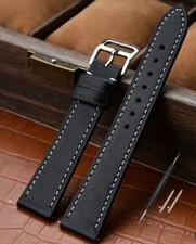 BLACK Leather Watch Strap Band with White Stitching 18mm US Seller