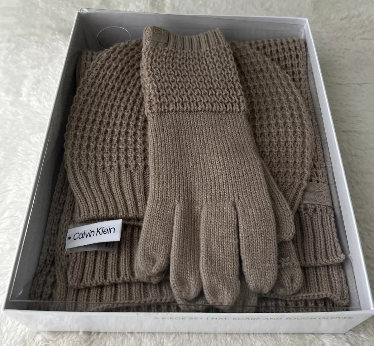 Calvin Klein Women 3 Piece Scarf, Hat u0026 Touch Gloves Set in Box MSRP:$  88.00 NWT | eBay