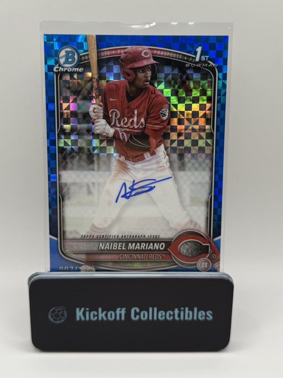 NAIBEL MARIANO 2025 BOWMAN CHROME 1ST BLUE X-FACTOR REFRACTOR REDS AUTO /150