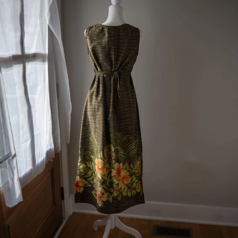Vestido midi vintage informal de esquina de los 90 verde hawaiano estampado floral cambio para mujer talla 6 Foto 4 de 4