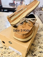 SPERRY DK BAHAMA Unisex Kids 3 Brown/Beige Leather/Mesh Boat Shoes Lace Up