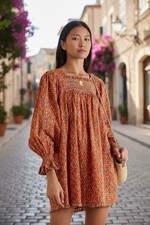 DOEN Estee Floral Smocked Mini Dress Cotton Dress Size Small