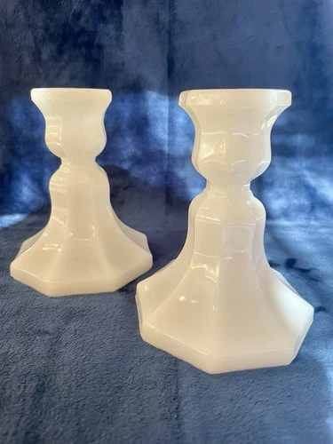 Pair Of Vintage Milk Glass Taper Candle Holders