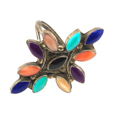 925 Silver Multicolor Stone Flower Ring Size 7.5 3g Vintage Boho Style Statement
