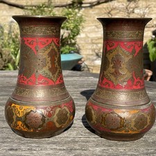 Beautiful pair of Vintage Indian Peacock Cloisonn&eacute; Enamel Brass Vases midCentury